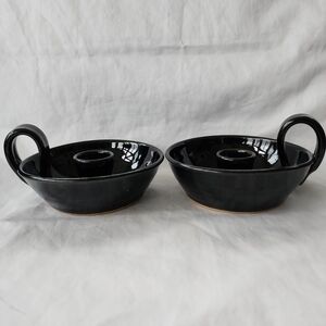 Studio Art Pottery Black Chambermaid Candle Holder x 2 Handle Signed Taper Pair